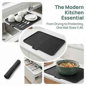 Extra Large Silicone Dish Drying Mat with Built-in Drain Lip – Easy-Clean Kitchen Counter Drainer Pad, High Temperature Resistant Tableware Coaster