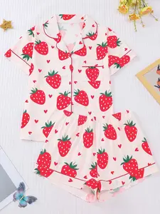 Women's 2-Piece Strawberry Print Pajama Set Short Sleeve Button Shirt Stretchy Shorts Party Sleepwear Loungewear S2P5