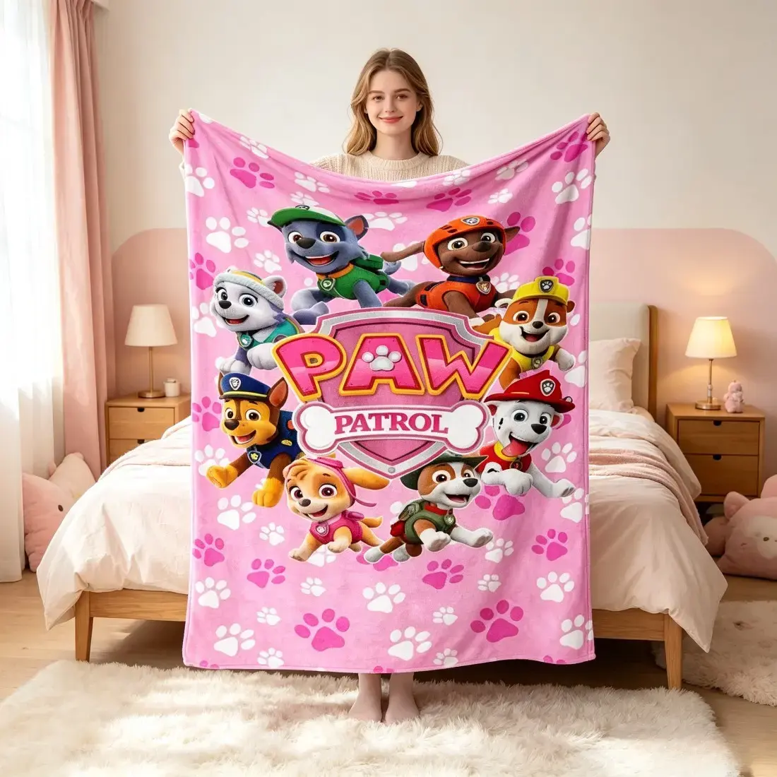 Pink Paw Patrol Flannel Throw Blanket - Cute Puppy Character Plush Kids' Girls' Cover, Soft Warm Sofa Bed Accessory, Ideal Birthday Christmas Gift for Fans, Cozy Bedding Blanket for Couch Bedroom Living Room Decor