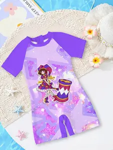 Girls' Magical Digital Circus Pomni One-Piece Swimsuit, Purple-Pink Starry Sky Print Style, Raglan Short Sleeves + Back Buckle Design, Exclusive Swimwear for Girls' Swimming Lessons / Beach Vacations