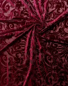 BURGUNDY Damask Floral Burnout Stretch Velvet Fabric (58 in.) Sold By The Yard