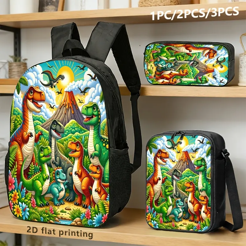 Dinosaur World 3-Piece Backpack Set, Cartoon T-Rex & Volcano Print School Bag + Lunch Bag + Pencil Case, Oxford Cloth Adjustable Strap Daypack for Kids & Dino Fans
