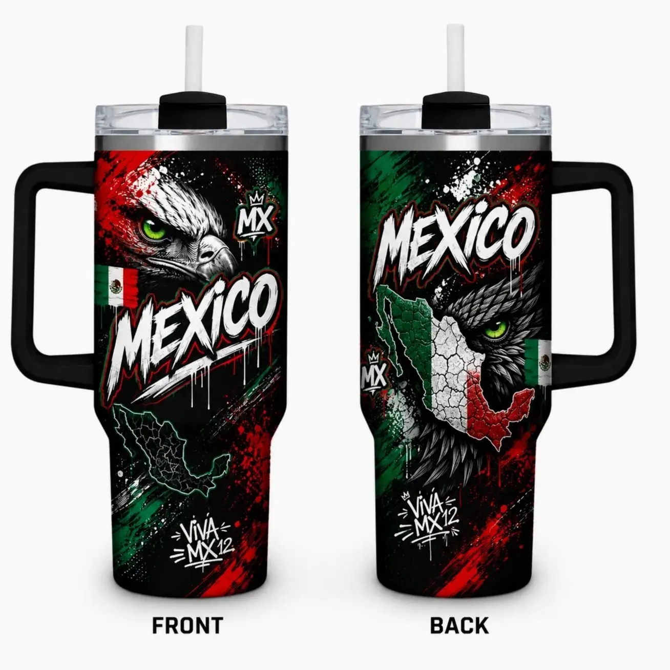 Stainless steel travel tumbler with handle (40oz capacity), Mexican Eagle & Mexican Flag design, includes straw, compatible lid and handle; keeps drinks cold for 24 hours/hot for 12 hours – A meaningful gift for adults.