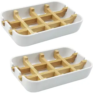 2 Pack Bamboo Soap Dish, Self-Draining Soap Box, Wooden Bamboo Bar Soap Holder for Shower, Bathroom, Kitchen, Bathtub, Bar Sink (White)