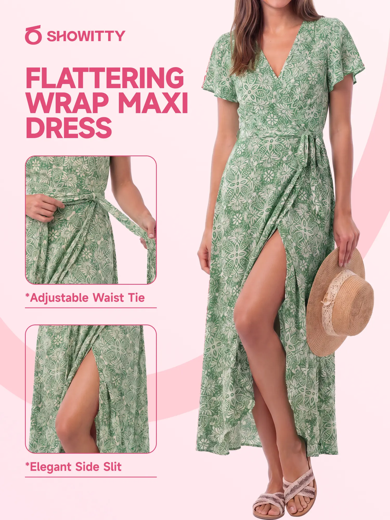 SHOWITTY Womens Floral One-Piece Wrap Maxi Dress Boho V Neck Tie Waist Split Summer Beach Dress (Summer Ease Collection)