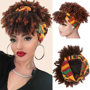 Short Kinky Curly Headband Wig Synthetic Afro Fluffy Curly Wig with Headband Attached 8 Inch High Curly Scarf Wrap Wig for Women