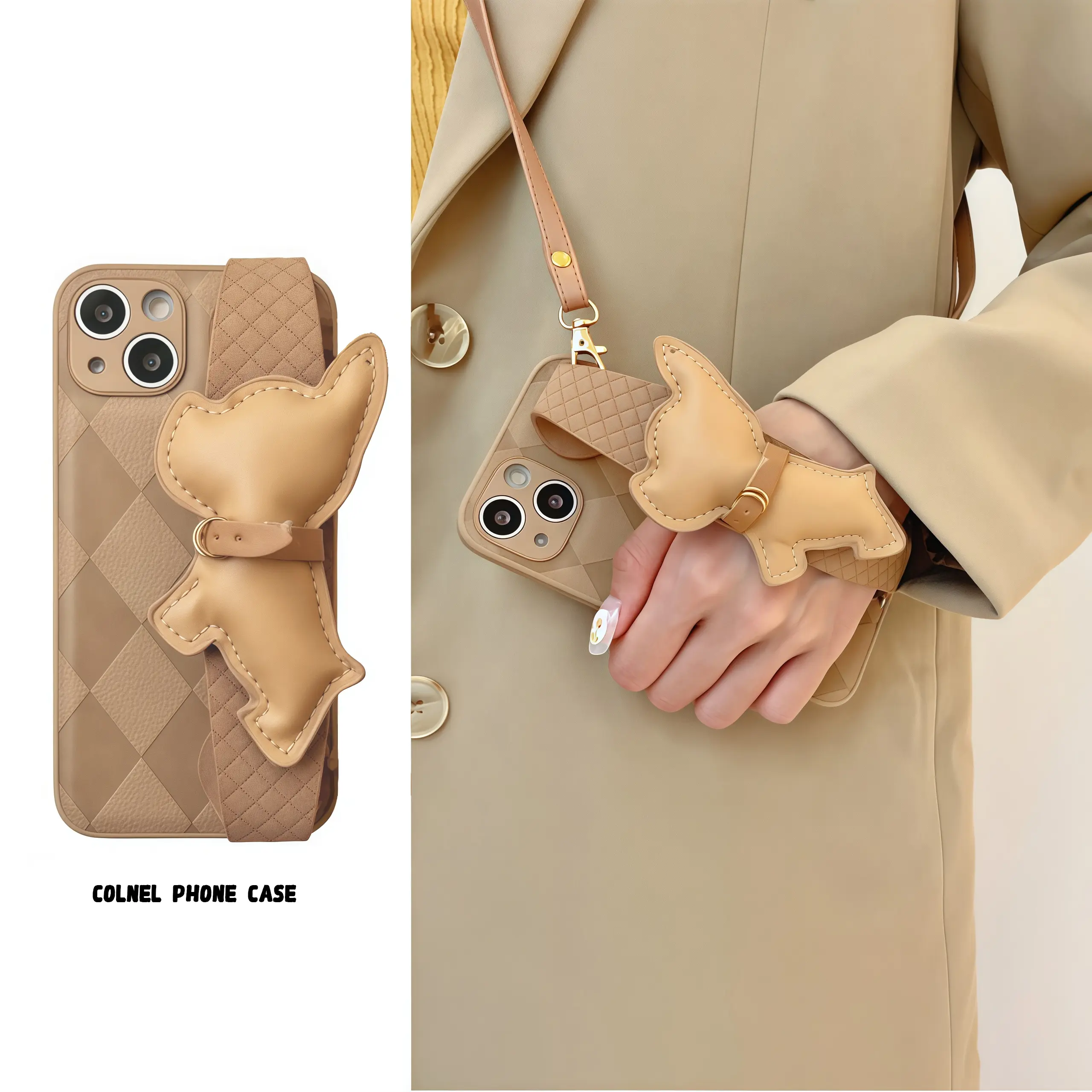 Chic French Bulldog Wristband iPhone Case with PU Leather Crossbody Lanyard, Rhombus Lattice, Full Coverage Shockproof Hand Strap for iPhone 17 Pro Max, 16, 15, 14/13/12/11 Series Aesthetic Phone Cover