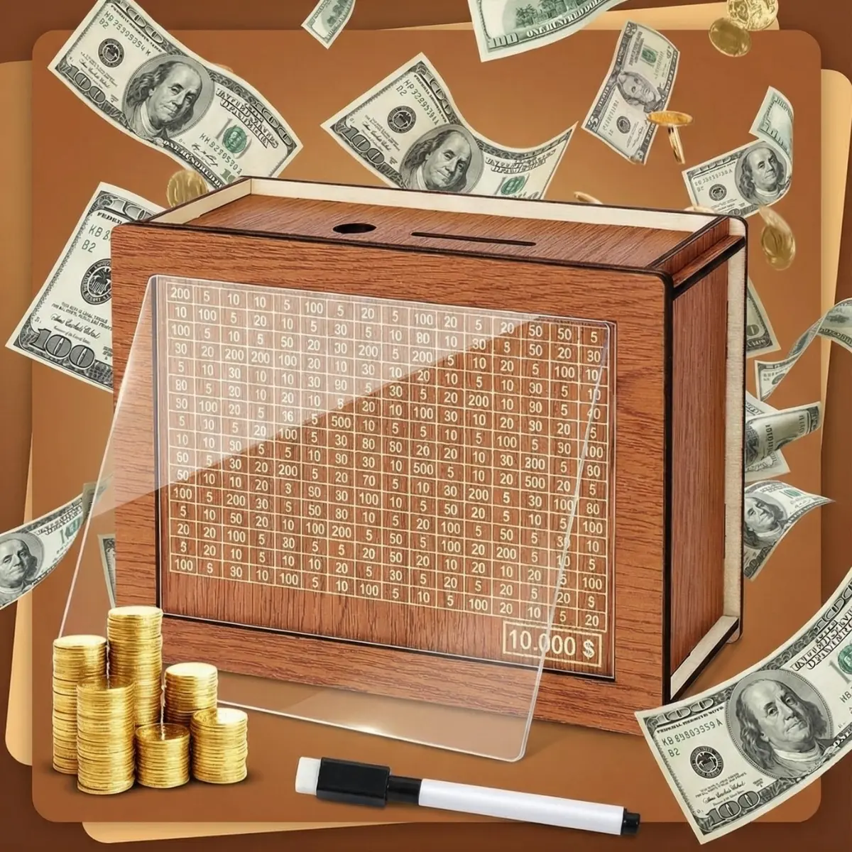 Wooden Decor Piggy Bank - Reusable $10,000 Savings Challenge Box for Kids, with Progress Tracker, Cash Vault, Educational Gift for Boys Girls