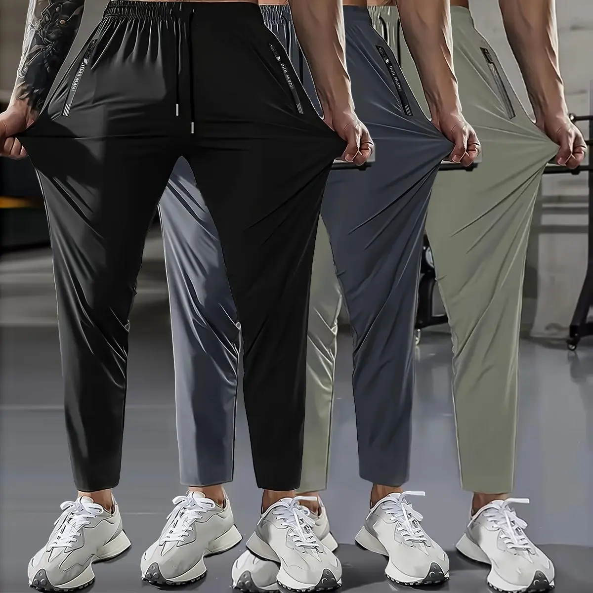 Men's 3-Piece Multi-Color Tapered Pants Series, Ankle Men's Pants with Elastic Ankle Straps & Secure Zipper Storage, Athleisure, Body-Fitting, Comfy, Contemporary Menswear Trousers for Gym Street Style & Daily Casual Wear, Athleisure Men's Pants