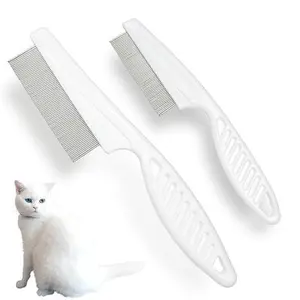 Detangling Pet Comb for Dogs, Cats, Ferrets, Anti-static Groomer Removes Tangles & Knots, Tear Stain Removal, Stainless Steel Pins with Rounded & Smooth Ends, White Non-slip Grip Handle