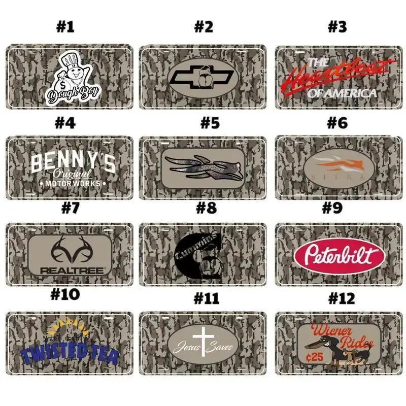 Dough Boy/ Chevy Girls/ Chevy The Heartbeat Of America/ Sitka/ Realtre/ Peterbilts/Jesus Saves Bottomland Camo Car License Plate, Durable Aluminum Tag, 12 Designs, Universal Fit, Fade-Resistant Print, Personalization Ready, Car Accessories, Car Décor
