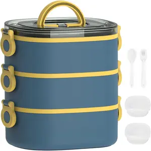 Lunch Box, Stackable 3 Layers Containers, Portable 94OZ Large Capacity Leakproof Bento Box with Spoon & Fork & Sauce Boxes, Microwave Safe Lunch Box for  and Adults