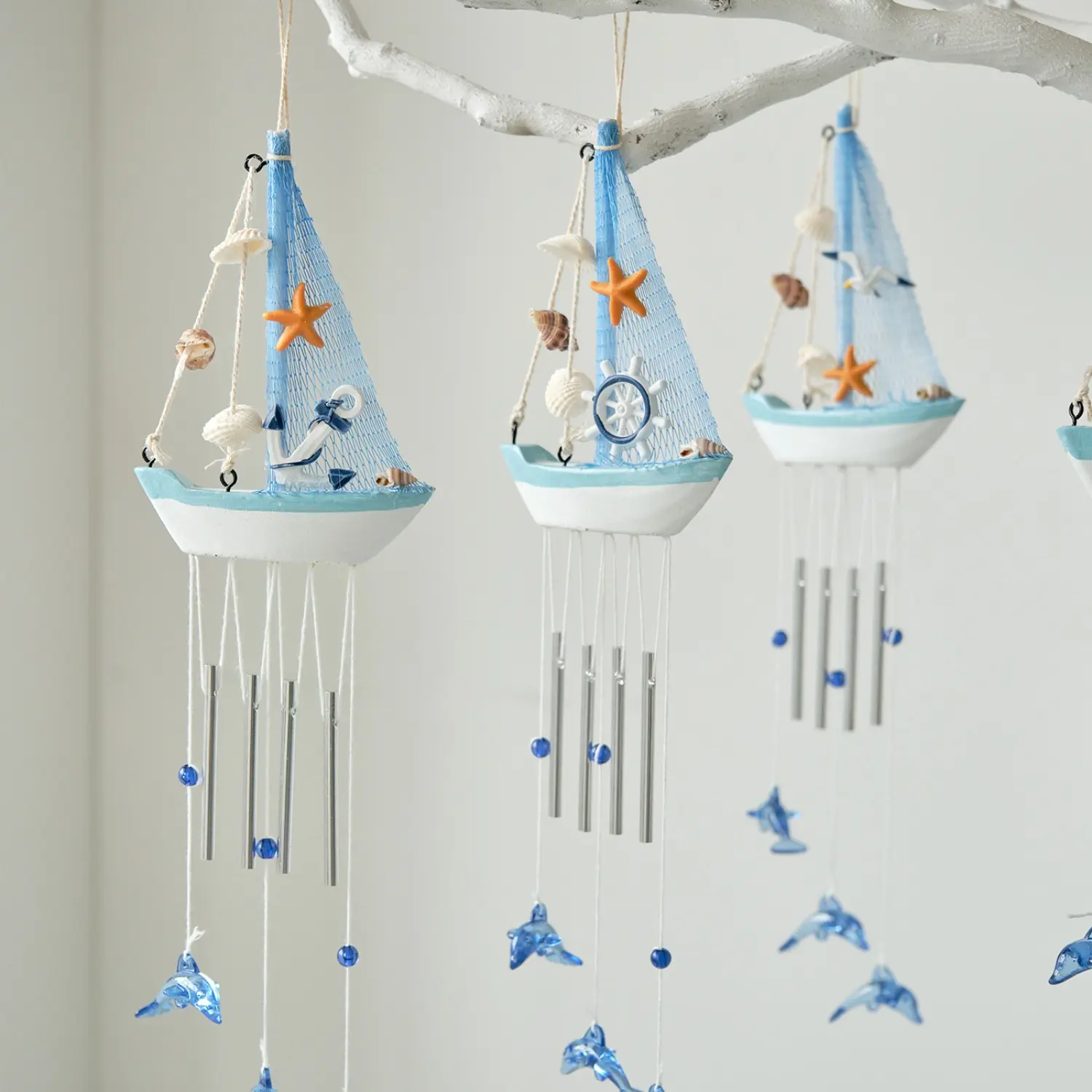Mediterranean Wooden Sailboat Wind Chimes - Nautical Beach Ornament with Ocean Shell Metal Chime, Outdoor Patio Home Decor for Sports & Outdoor Spaces, Patio Decor, Beach Vibe, Decorative, Hanging Ornament, Hangs Well