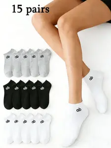 15 Pairs Unisex Letter Pattern Ankle Socks, Comfortable Soft Breathable Casual Boat Socks, Ideal for Daily Wear, Sports, Travel, College Style