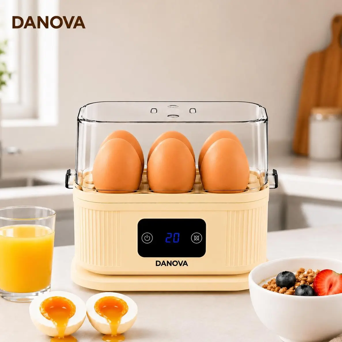 DANOVA Egg Cooker Machine - 6-Capacity Electric Boiler, Multifunctional Poacher, Digital Display, BPA-Free, Hard/Soft Boiled & Omelet Maker for Healthy Breakfasts, Multifunctional Egg Poacher