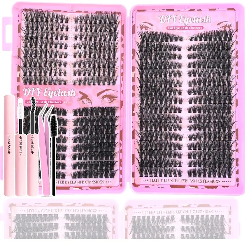 Lash Clusters Kit, 560 Pcs Eyelashes Clusters Kit 9-16mm Individual Natural Lash Extension Kit D Curl Fluffy Wispy False Eyelashes (40D+60D+80D New, With Bond & Seal Tweezers Brush)