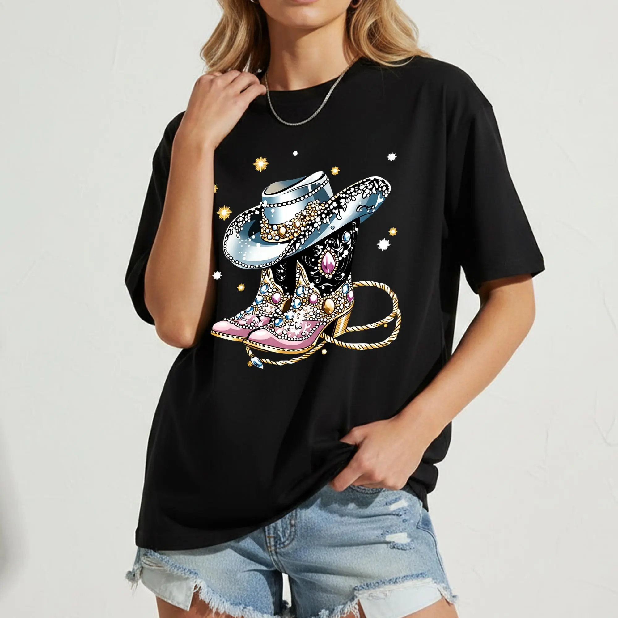 Women's Sparkling Western Cowgirl T-Shirt, Rhinestone Graphic Cowboy Hat & Boots Tee, Nashville Country Concert Outfits, Bling Southern Style Short Sleeve Top