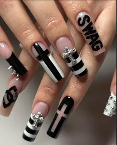 Black White Gothic Cross Spike Press On Nails Handmade 3D Churchcore Streetwear Luxury Long Set