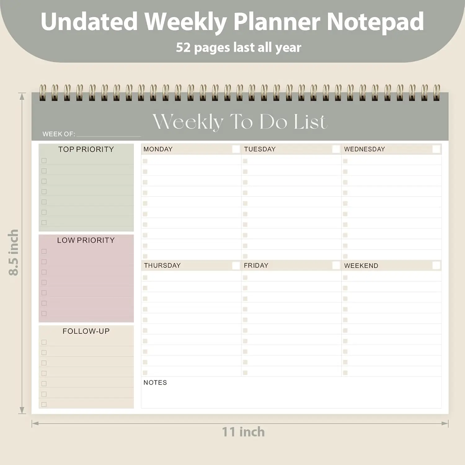 Weekly To Do List Notepad, Undated Planner with 52 Sheets (8.5''x11''), Desk Weekly Planner for Women & Man, Home School & Work-Green