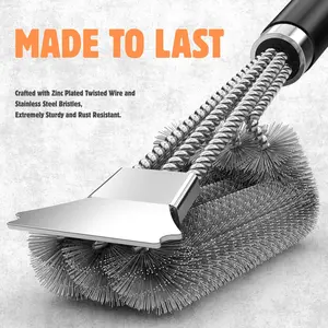 Grill Brush Long Handle BBQ Cleaner Triple Head Stainless Steel Scrubber