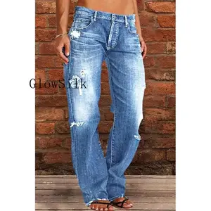 &Women's Ripped Jeans Mid Rise Straight Leg Denim Jean Plus Size Boyfriend Jeans Baggy Flare Pants 90s Hippie Clothes Bottoms Womenswear