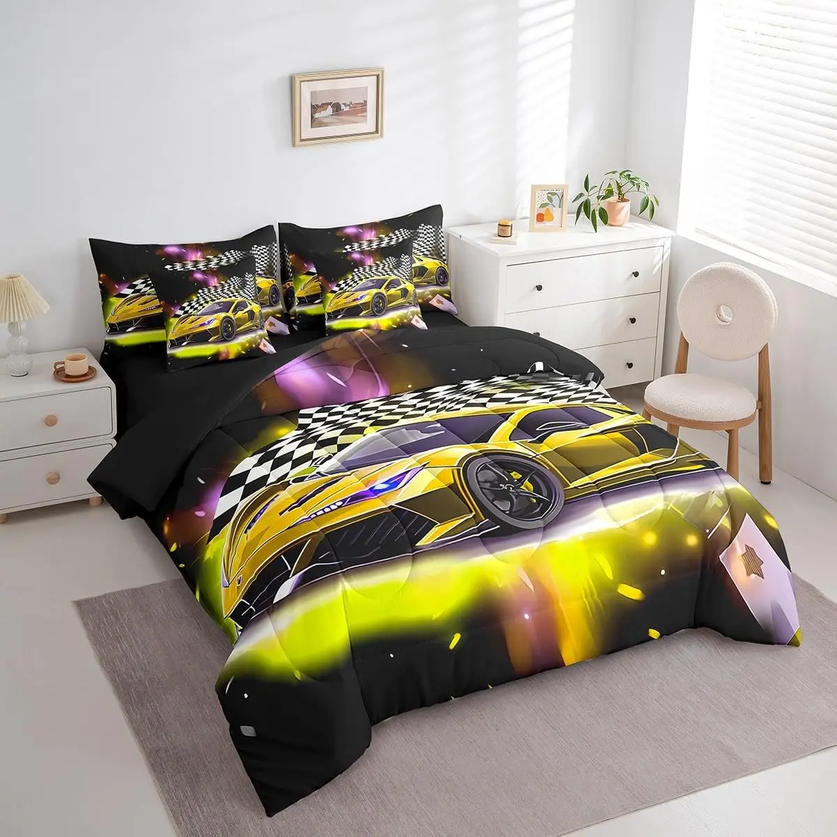 Feelyou Durable Sport Themed 7-Piece Yellow Racing Car Bedding Set - Breathable Extreme Sport Comforter, Bedsheet Sets, Decorative Fast and Furious Black White Flag Bed in a Bag
