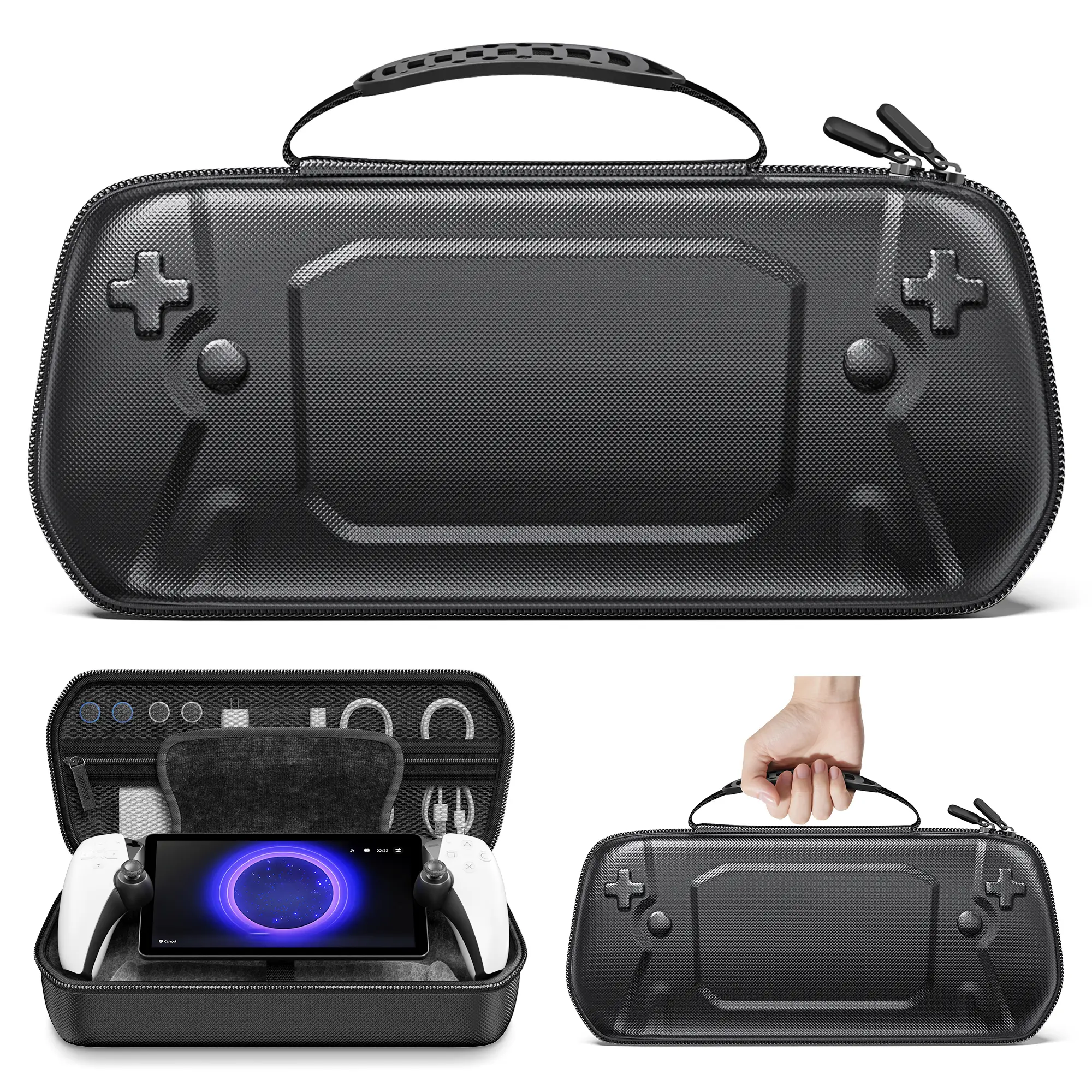 BEBONCOOL Hard Carrying Case for PS5 Handheld Game Console & Joystick, PU Textured Waterproof EVA Shell, Non-Slip Comfort Grip Handle, Anti-Fouling Mesh Pocket, Customizable Zipper, Indented Console Design Travel Storage Bag