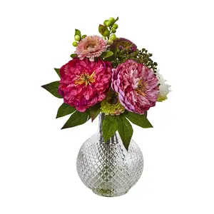 Peony and Mum Arrangement in Glass Vase by Nearly Natural