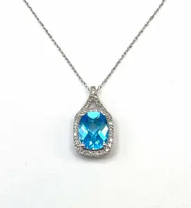 14KW Checkerboard Cut Swiss Blue Topaz & Diamond Necklace