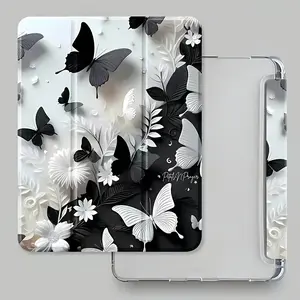 Black and white butterfly pattern, adjustable stand and pen slot, foldable non-slip TPU protective case, suitable for Samsung, iPad mini, iPad Air, iPad Pro/iPad 10th generation, 11th generation and other iPad models.