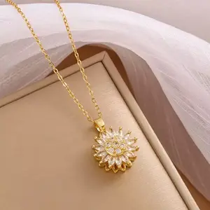 Rotating Sunflower Pendant Necklace for Women, Full Rhinestone Titanium Steel Design, Chic Fashion Collarbone Chain Jewelry DZXL3670