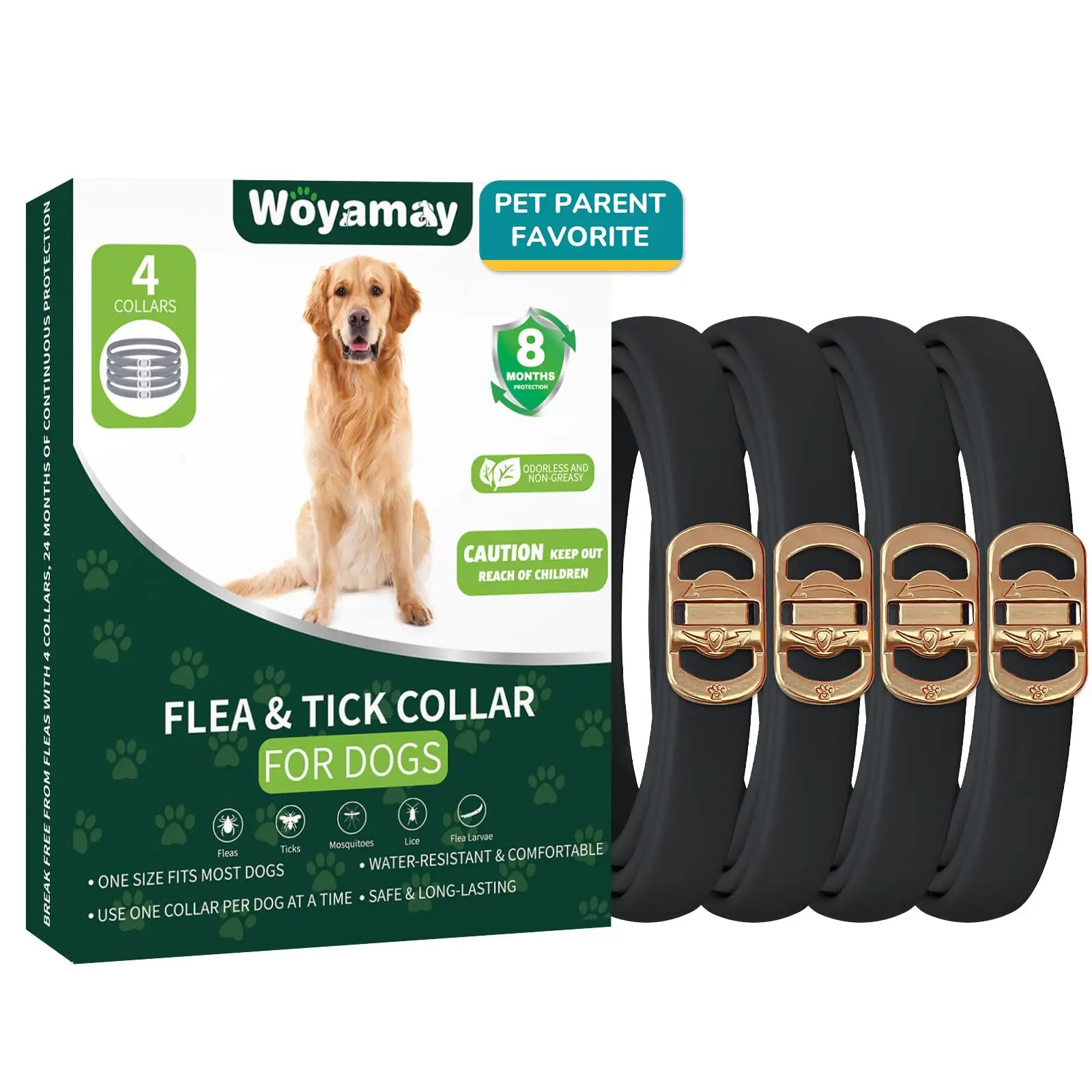 Woyamay 4 Pack Flea Collar for Dogs, Dog Flea & Tick Protection Collar, 32-Month Flea & Tick Defense, Adjustable Flea Collar for Dogs, Waterproof Dog Flea Collar, Black