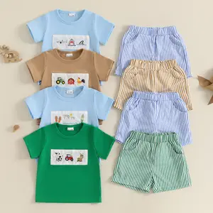 Toddler Boy Summer Outfits Round Neck Short Sleeve Animal Embroidery Tops with Stripe Shorts Casual Clothes 2Pcs