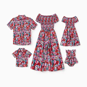 PatPat Family Matching Floral Print Short-sleeve Shirt or Off Shoulder Smocking Dresses Set Spingtok