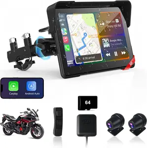 7 inch 4K Motorcycle CarPlay w 4K Dash Cam Android Auto Screen for Moto Wireless Carplay DVR with Dual Cameras for Motorbike,WiFi, GPS Navigation, Remote,Voice Control, Bluetooth, TF-64G