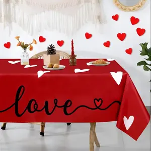 Valentine's Day Red Heart-Shaped Tablecloth - Romantic polyester party decoration with "Love" design, perfect for candlelit dinners and floral arrangements, ideal for home celebrations and Valentine's Day decor.