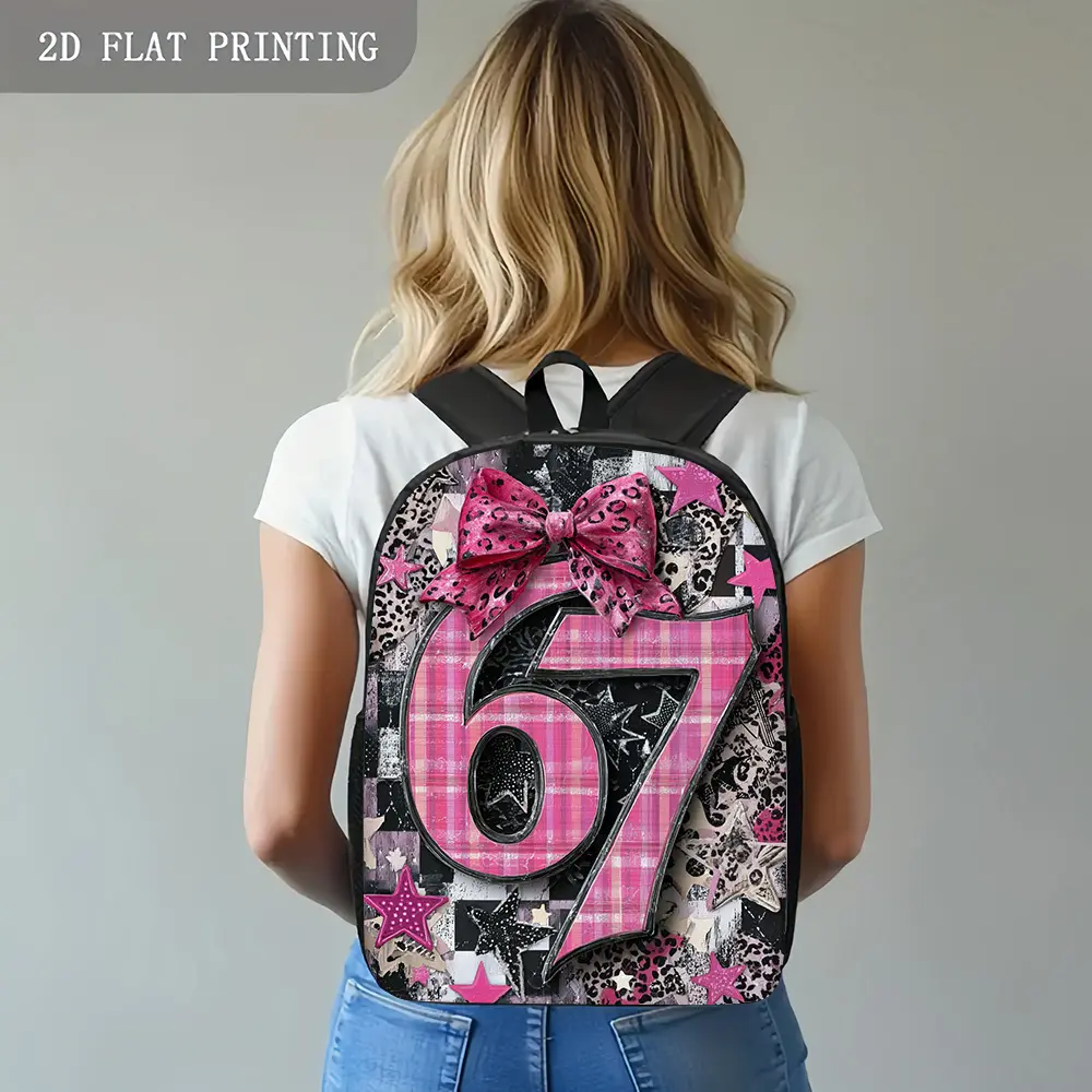 Single Piece Pink 67 Leopard Bow Print Backpack Durable 600D Oxford Cloth School Bag Adjustable Breathable Strap Large Capacity Fits 15in Laptop for Kids Teens School Travel Outdoor Use
