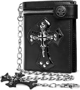 Gothic Punk Skull Cross Chain Wallet - Jesus Gifts - Punk Skull Gothic Bifold Halloween Goth Accessories | Unisex Black Compact Money Pocket  Men's Wallet