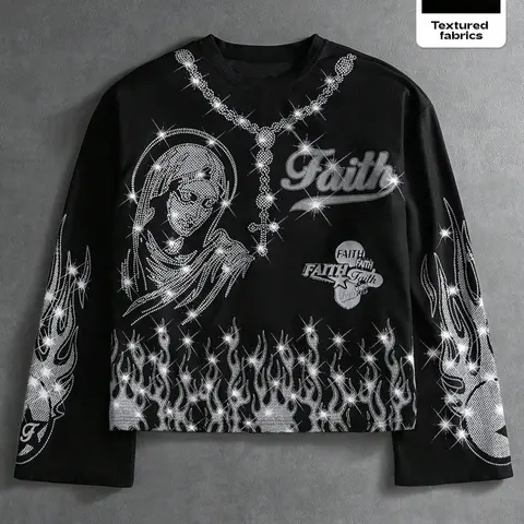 Men's Oversized Street Style Cropped Long Sleeve Round Neck T-Shirt, Goth, Graphic T Shirt, Bold Graphic Tee, Artwork Tee, Streetwear, Grunge Shiny Flame Graphic, Casual Everyday Wear, Street Style, Music Festivals, Hangouts, Casual Streetwear Looks