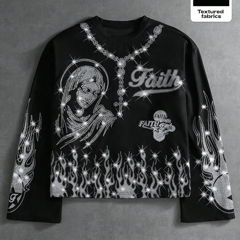 Men's Oversized Street Style Cropped Long Sleeve Round Neck T-Shirt, Goth, Graphic T Shirt, Bold Graphic Tee, Artwork Tee, Streetwear, Grunge Shiny Flame Graphic, Casual Everyday Wear, Street Style, Music Festivals, Hangouts, Casual Streetwear Looks