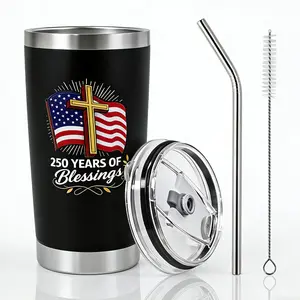 250 Years Anniversary USA Tumbler -America 250th Patriotic Cross Design Merchandise, One Nation Under God with Cup Lid, Straw, and Cleaning Brush, 4th of july Gifts for Men, Dad, Husband