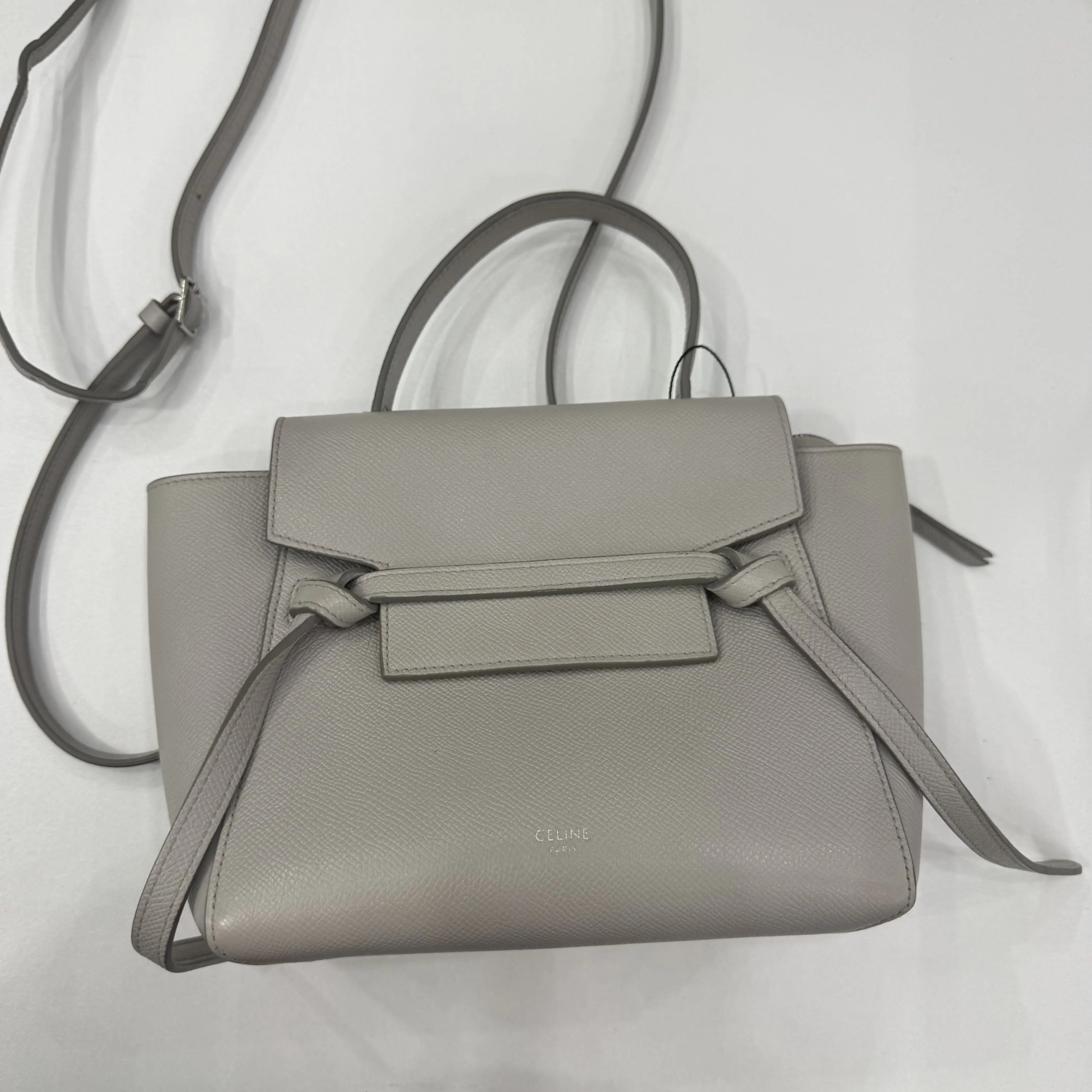 Pre-owned Celine Mini Belt Bag Grey Grain Calfskin Leather Elegant Satchel Handbag with Top Handle & Removable Crossbody Strap, Stylish Calfskin Crossbody Bag