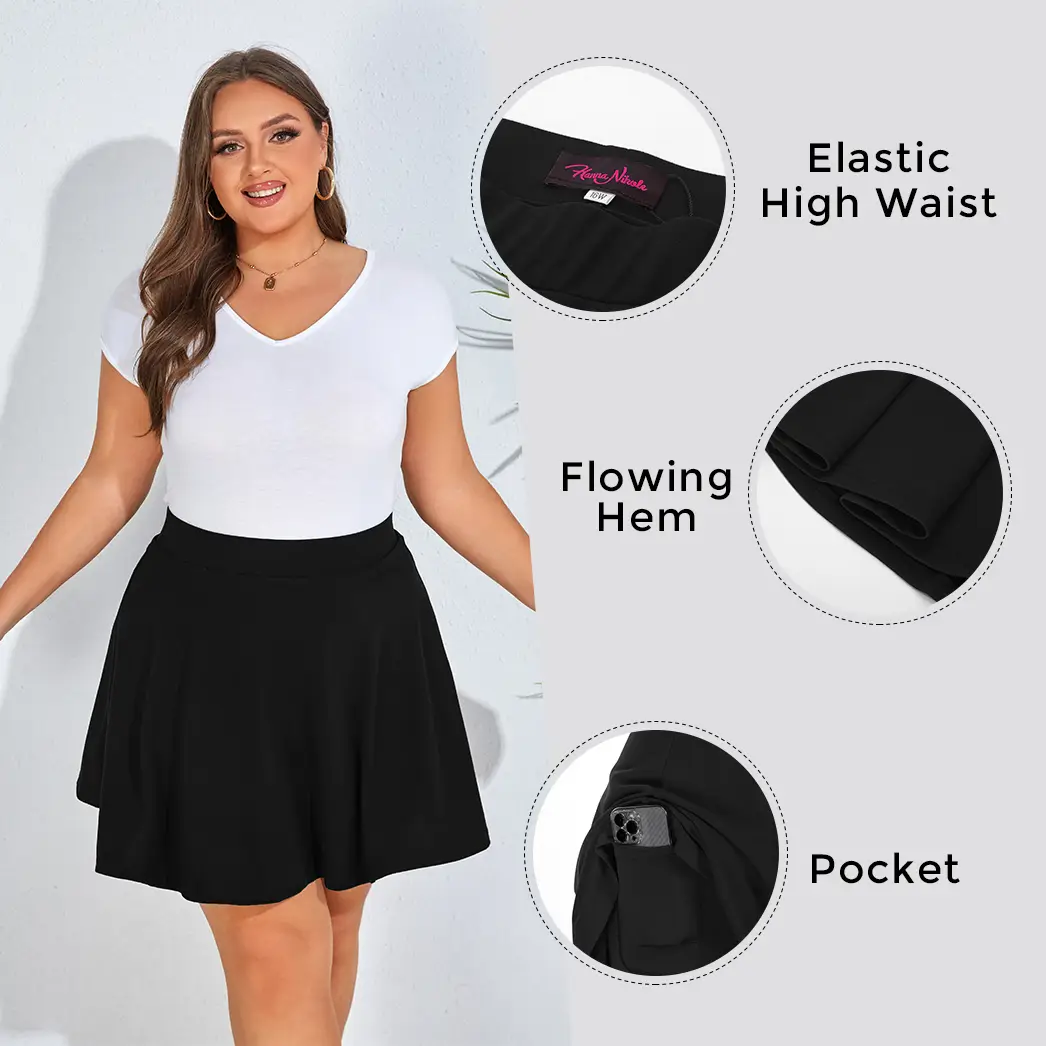 Hanna Nikole Women Plus Size Casual Mini Skater Skirt Elastic Lining High Waist Basic Flared Skorts Pleated with Pocket #TikTokShopBacktoSchool Black