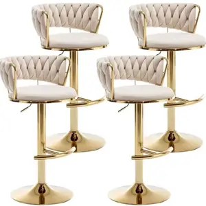 Gold Velvet Bar Stools Set of 4, Low Back, Swivel Bar Stool for Kitchen Island, Bar Pub (Beige)