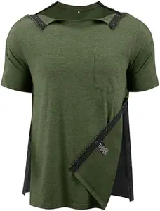 Post Shoulder Surgery Full Snap Open Tear Away Short Sleeve T-Shirt for Men - Chemo Port Access & Rotator Cuff Recovery