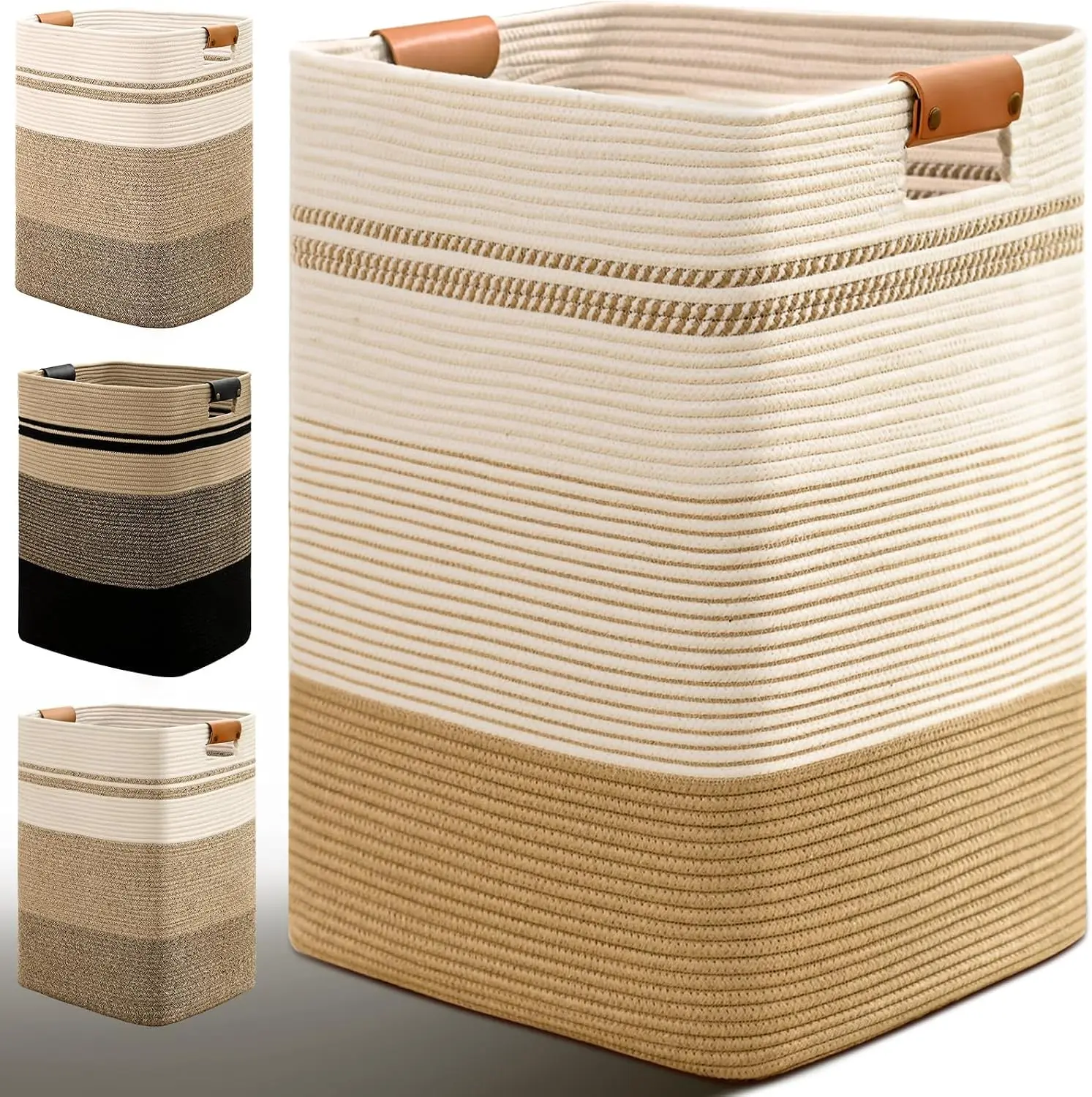 Laundry Hamper, 85L Tall Laundry Basket with Leather Handles, Rectangle Large Clothes Hamper for Organizing, Cotton Woven Laundry Baskets Storage Hampers for Bedroom, Nursery, Living Room Boho Jute Foldable home Capacity