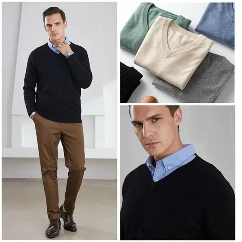 Soft Cashmere Sweater Men's Clothing Autumn Winter Pullover Business Casual Bottom V-neck Knitted Woolen Slim Fit Knitwear Male Soft Cashmere Sweater Men's Clothing Autumn Winter Pullover Business Casual Bottom V-neck Knitted Woolen Slim Fit Knitwear Male
