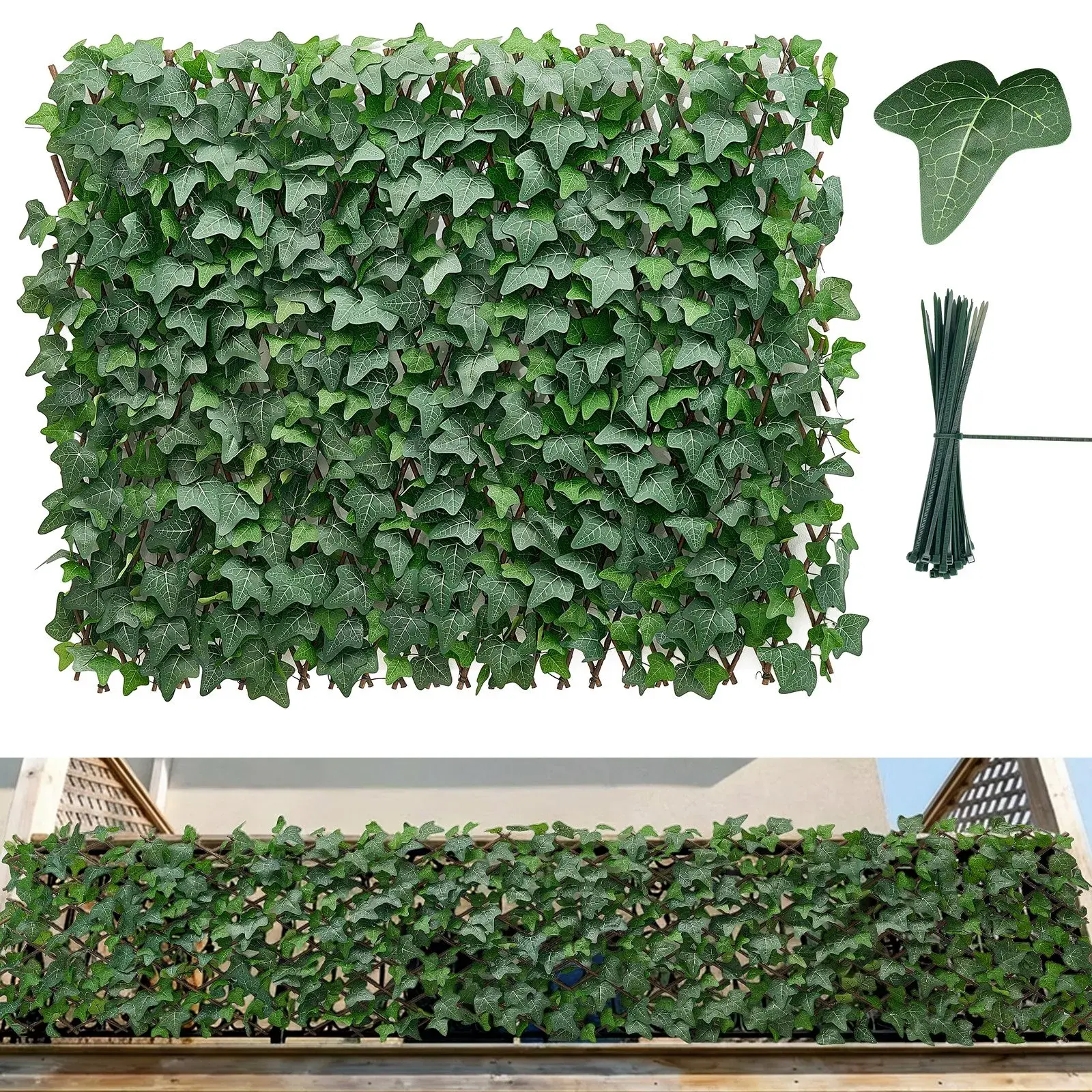 Expandable Privacy Fence Screen with Realistic Artificial Ivy Panels, 25x126in Faux Greenery Backdrop Hedges, 50 Zip Ties Included for Balcony Patio Outdoor Home Garden Decor