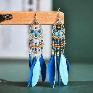 Women's Boho Flower Beaded Feather Earrings