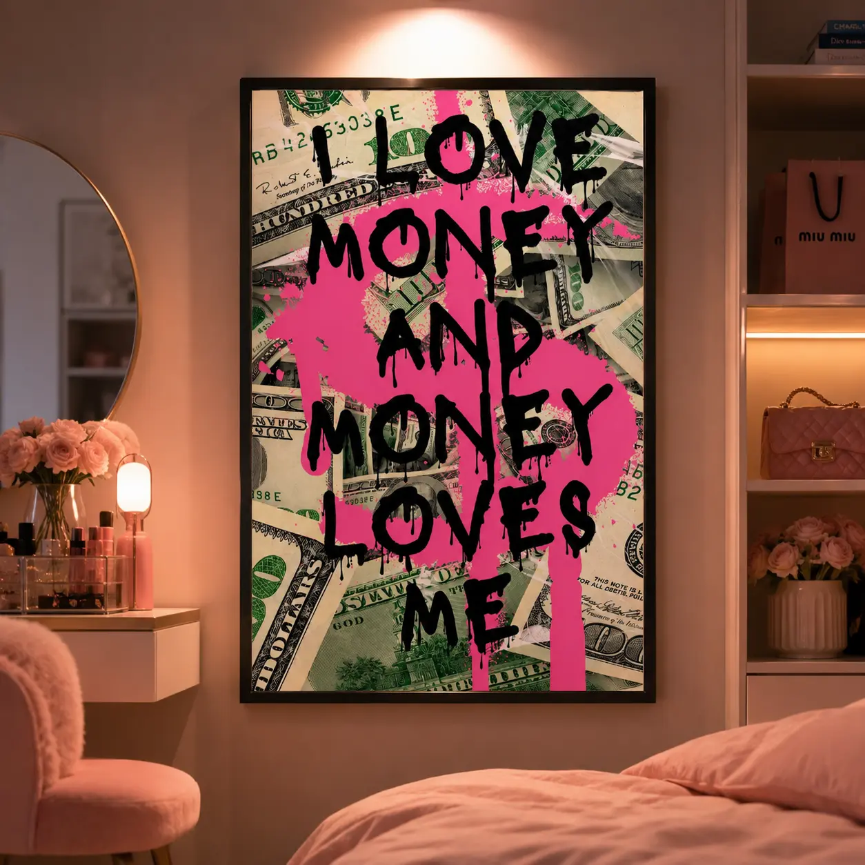 Pink Quote Canvas Poster - Funky Preppy Motivational "I Love And Am Loved By It" Wall Art Print, Giftable Home Decor for Home, Office Decoration